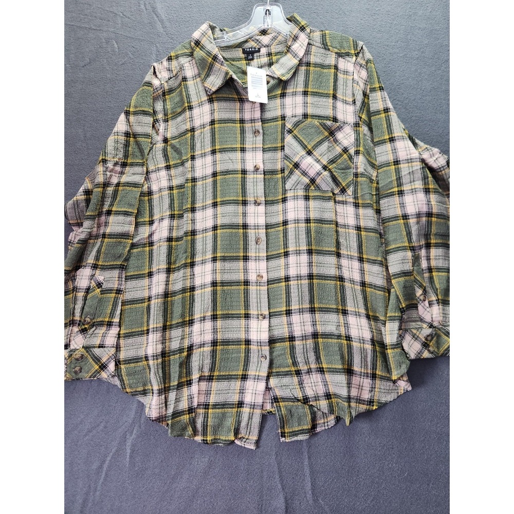 Torrid Lizzie Crinkle Flannel Gauze Button Up Tunic Plaid Fall Boho‎ Plus 3X NWT